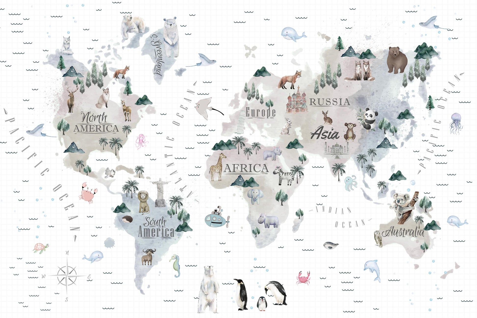 Flat artwork of the Kids-Mundo watercolour world map design with continent names, compass rose and animals