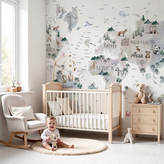 Kids-Mundo watercolour world map wall mural printed to size above a cot in a muted grey-green nursery