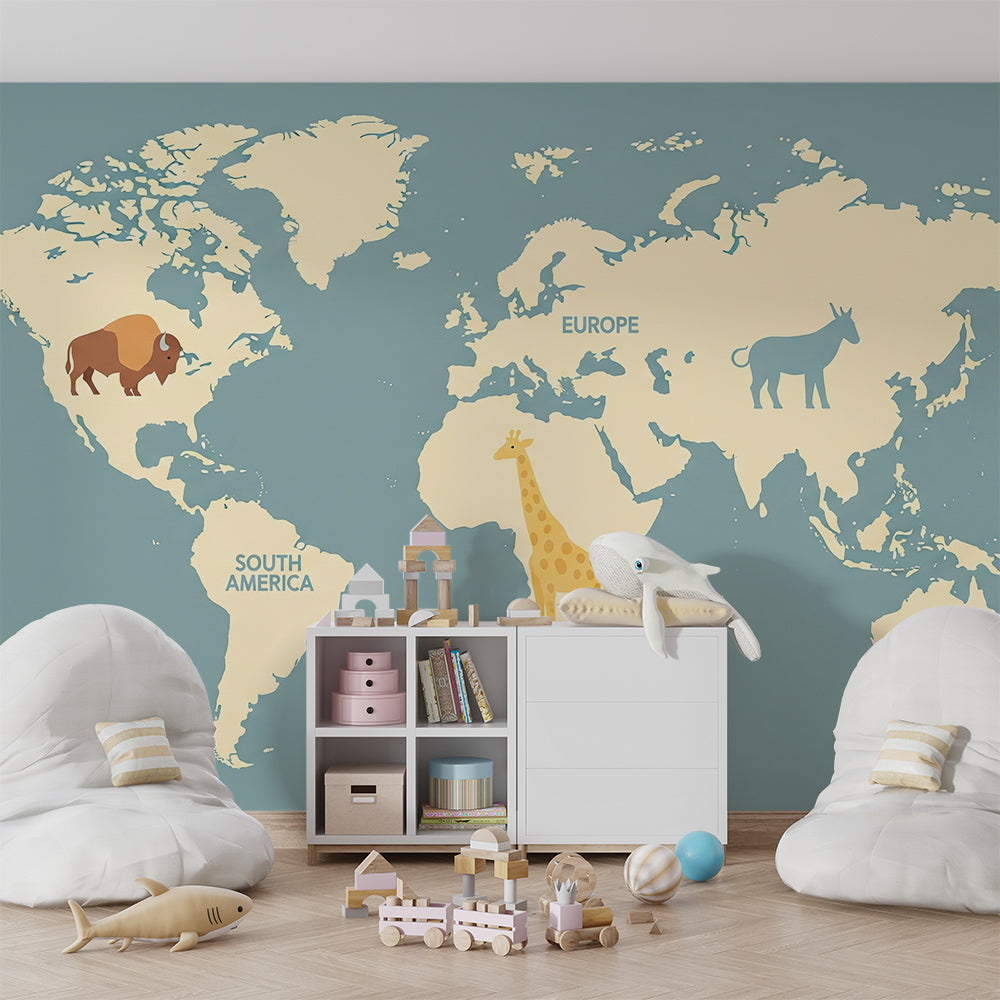 Kids-Mundo world map mural featuring a giraffe and horse in a kids' bedroom