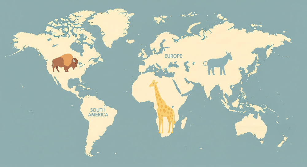 Muted Blue World Map with Bison and Giraffe Wall Mural