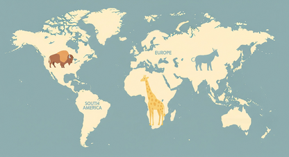 Kids-Mundo flat artwork of a blue-grey world map mural with bison, giraffe and horse