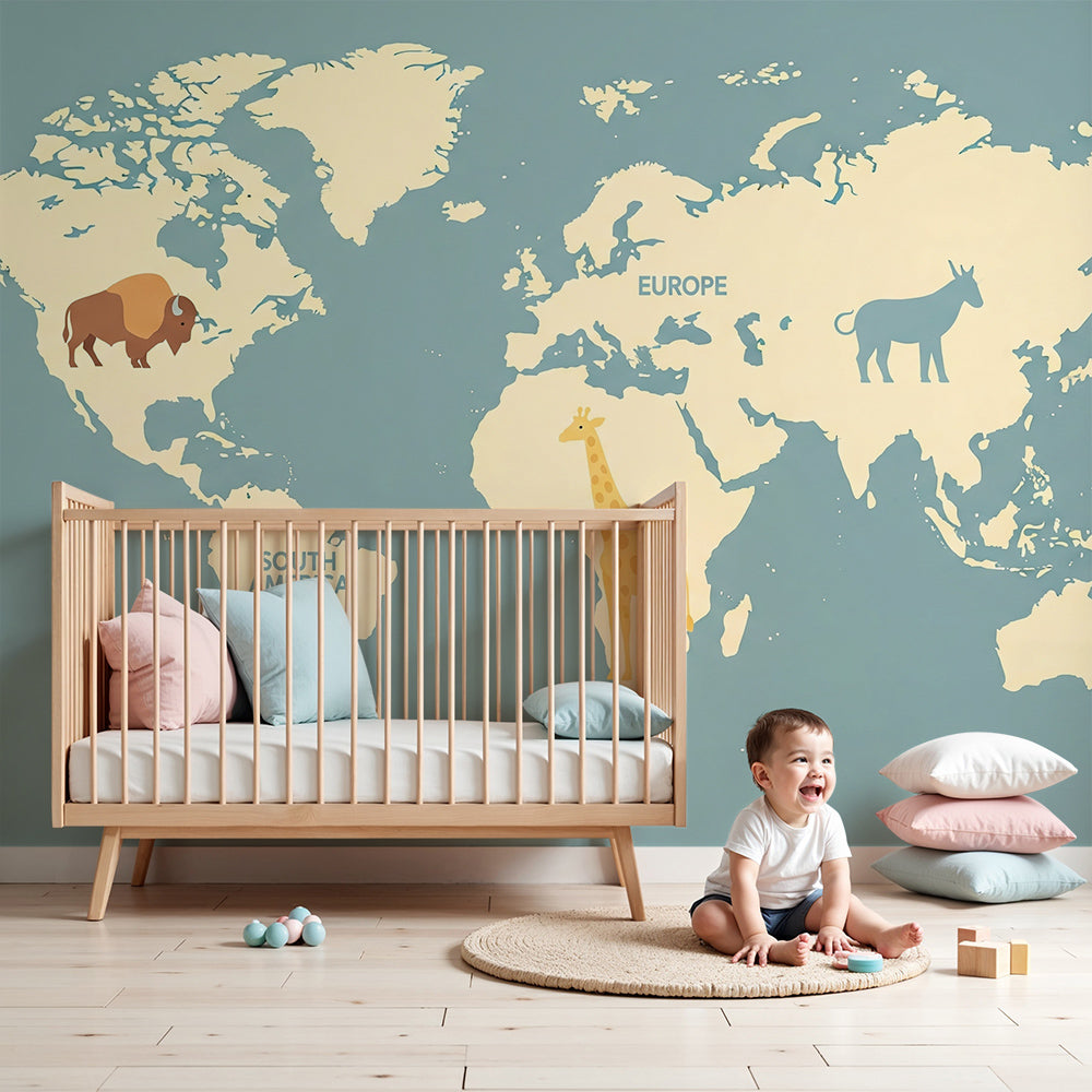 Kids-Mundo blue-grey world map wall mural with a bison in a calm nursery