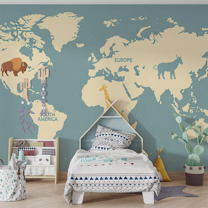 Kids-Mundo blue-grey world map wallpaper brightening a children's playroom wall