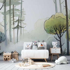 Misty woodland wallpaper creating serene atmosphere in children's bedroom decor