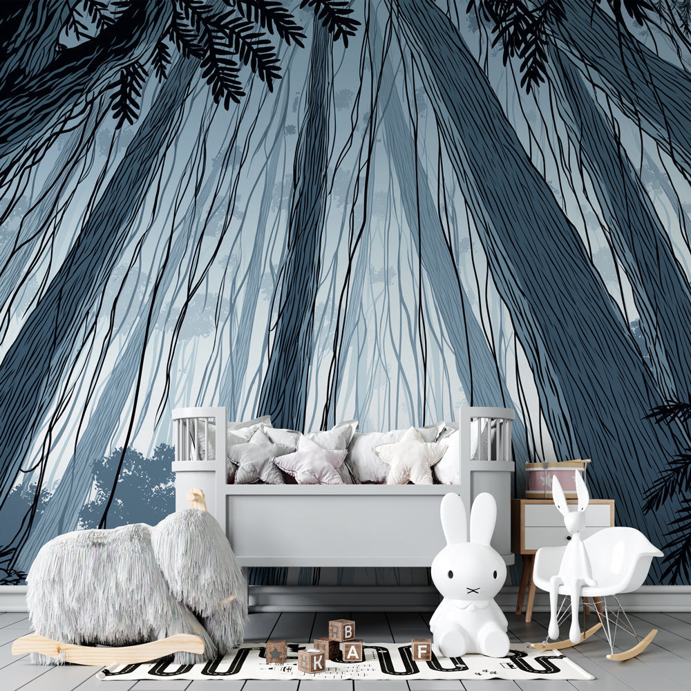 Enchanted woodland wallpaper creating magical atmosphere in children's bedroom