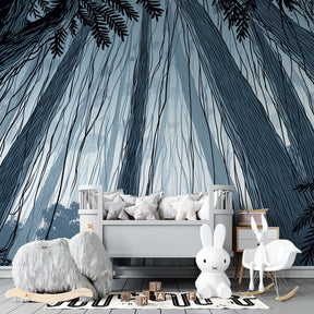 Enchanted woodland wallpaper creating magical atmosphere in children's bedroom