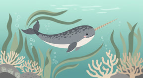 Detailed narwal ocean mural wallpaper design pattern with coral and underwater life by Kids-Mundo
