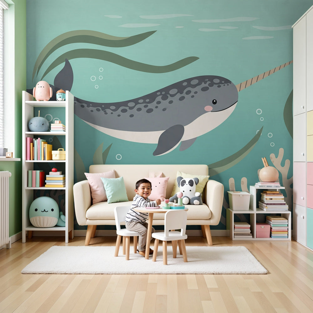 Narwal ocean mural wallpaper creating magical underwater nursery decor by Kids-Mundo