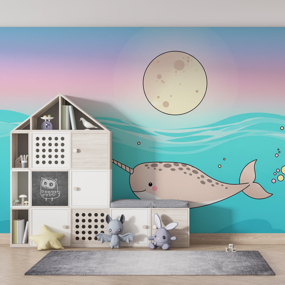 Ocean themed narwhal wallpaper in modern baby room showing underwater paradise design by Kids-Mundo