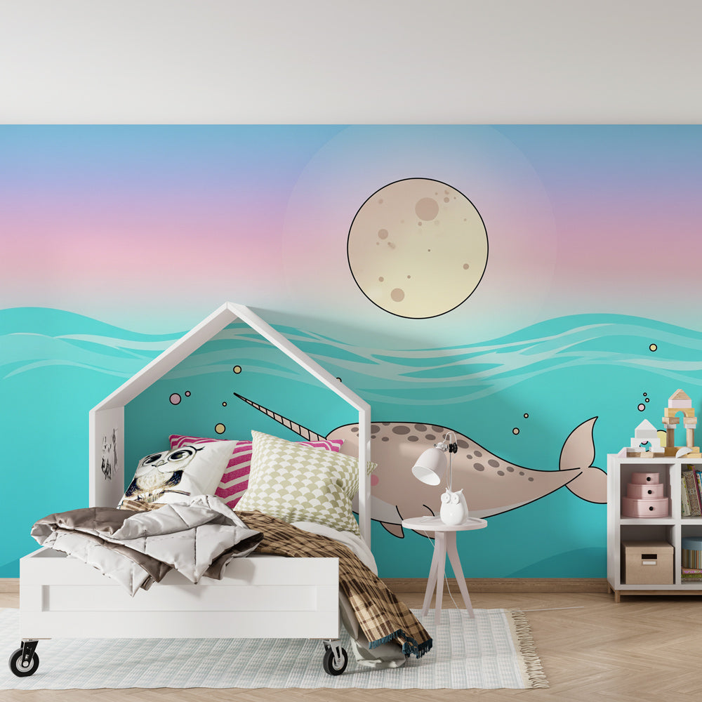 Joyful narwhal mural wallpaper with coral elements creating peaceful underwater atmosphere for children