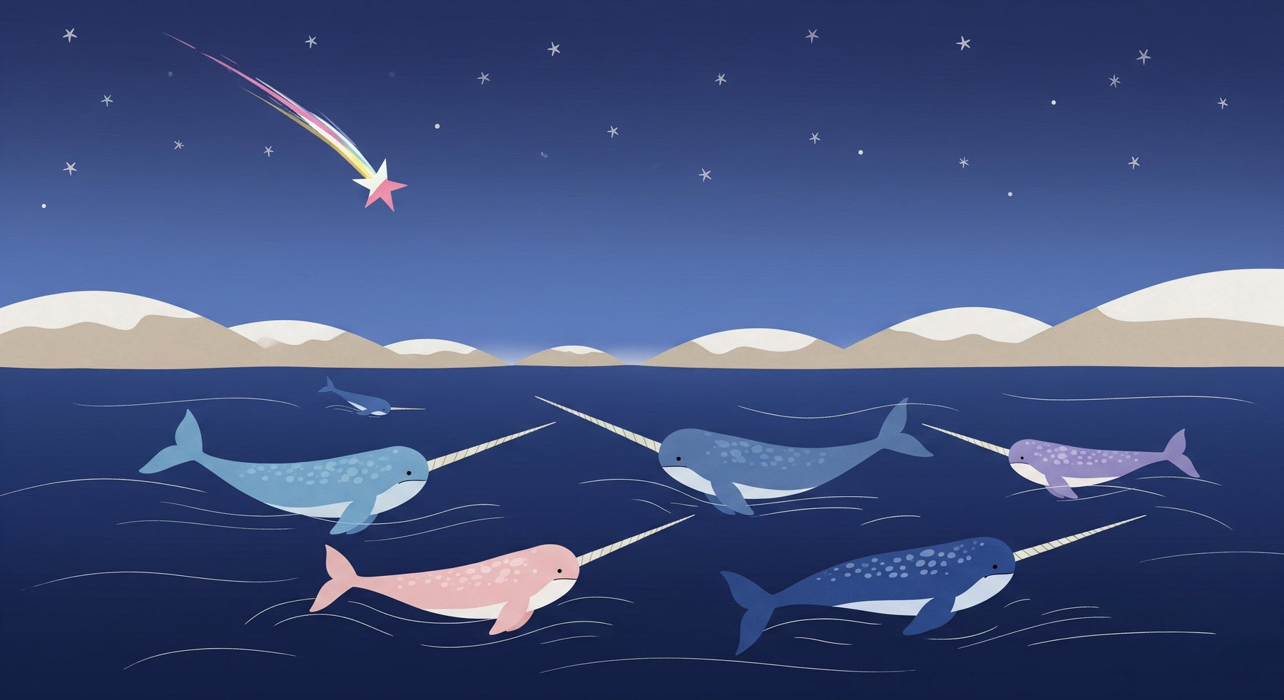 Detailed narwhal mural wallpaper design pattern showing colorful Arctic creatures in starry waters by Kids-Mundo