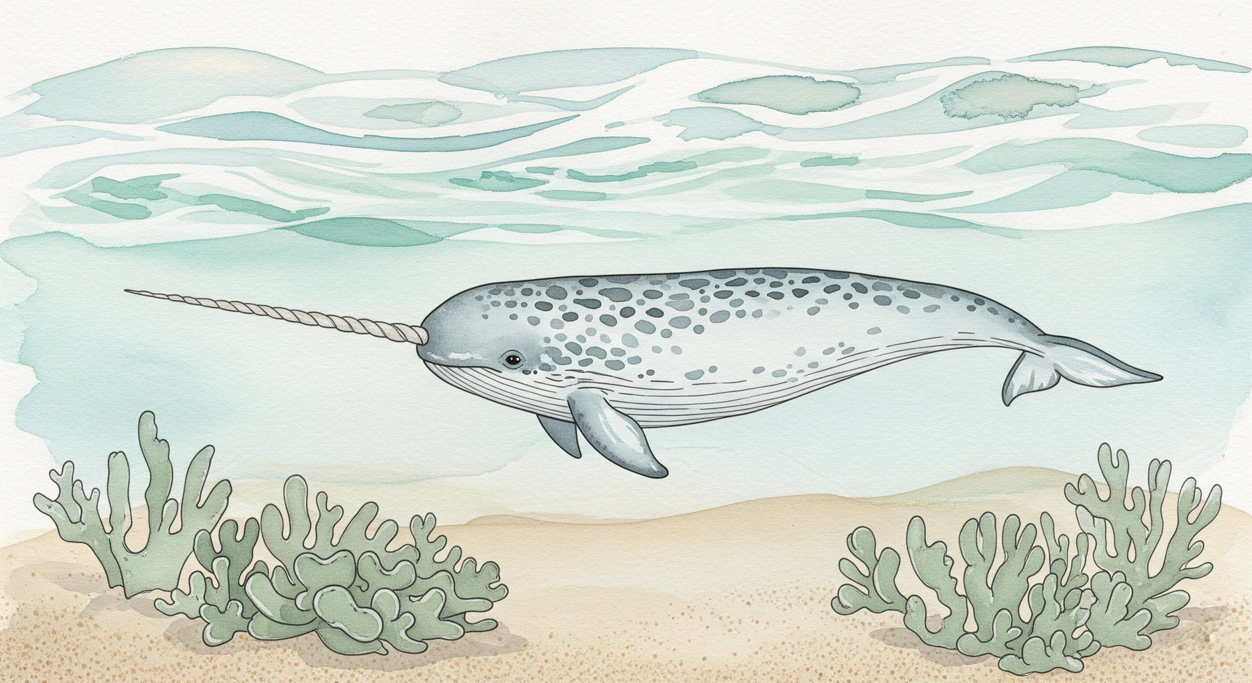 Detailed narwhal underwater mural wallpaper design pattern with corals by Kids-Mundo