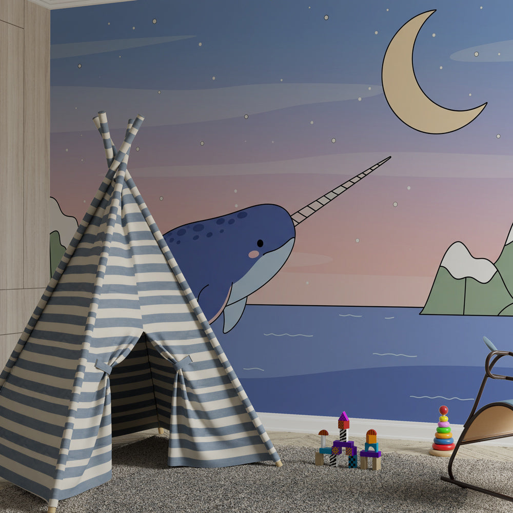 Ocean themed narwhal wallpaper transforming children's bedroom with Arctic adventure scene