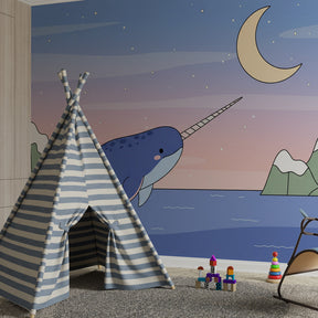 Ocean themed narwhal wallpaper transforming children's bedroom with Arctic adventure scene