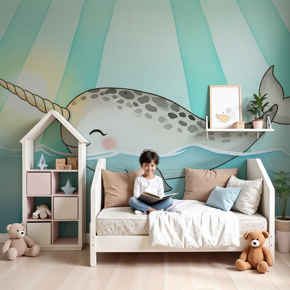 Narwhal mural wallpaper creating serene underwater nursery with blue ocean theme by Kids-Mundo