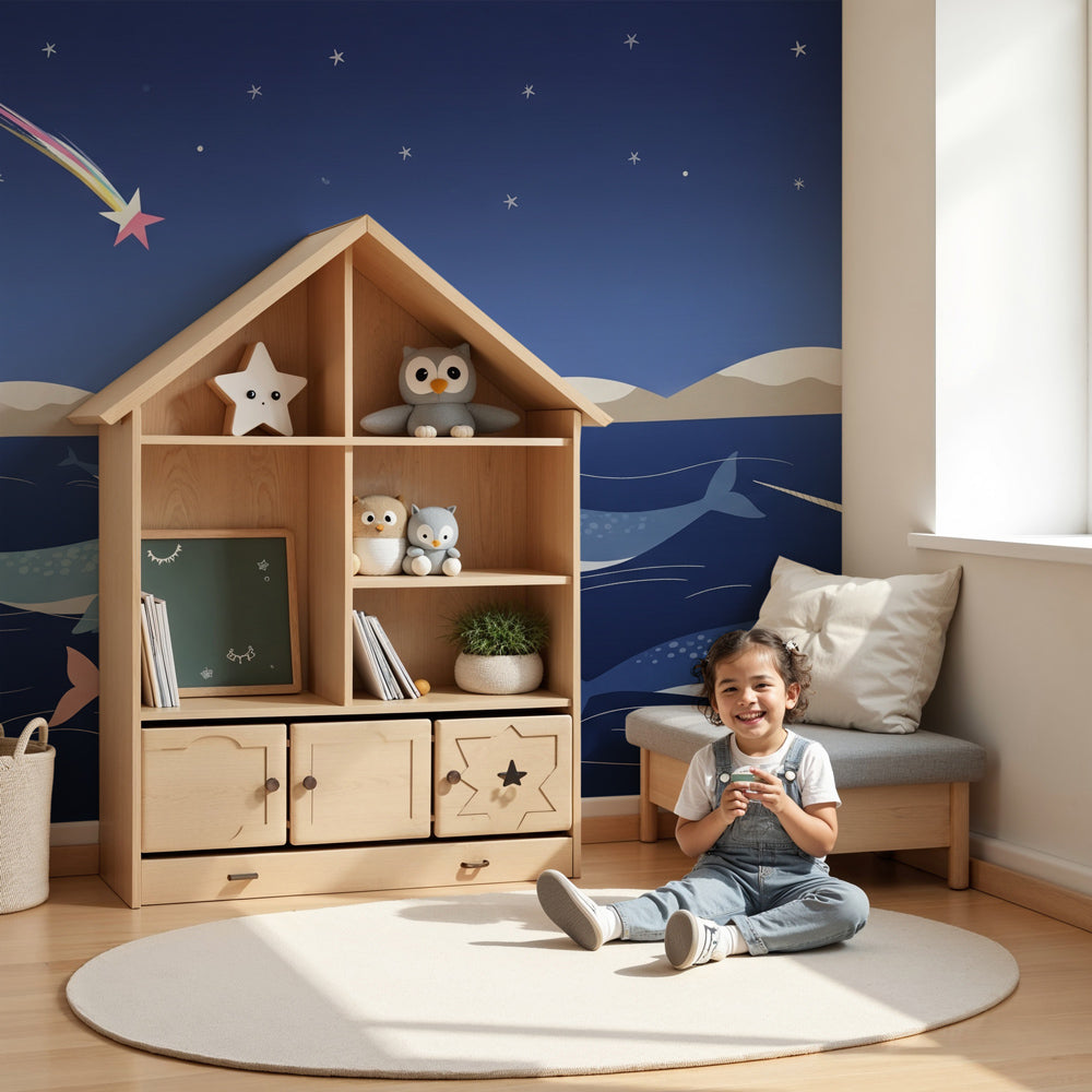 Narwhal mural wallpaper creating magical ocean nursery decor with starry underwater scene by Kids-Mundo
