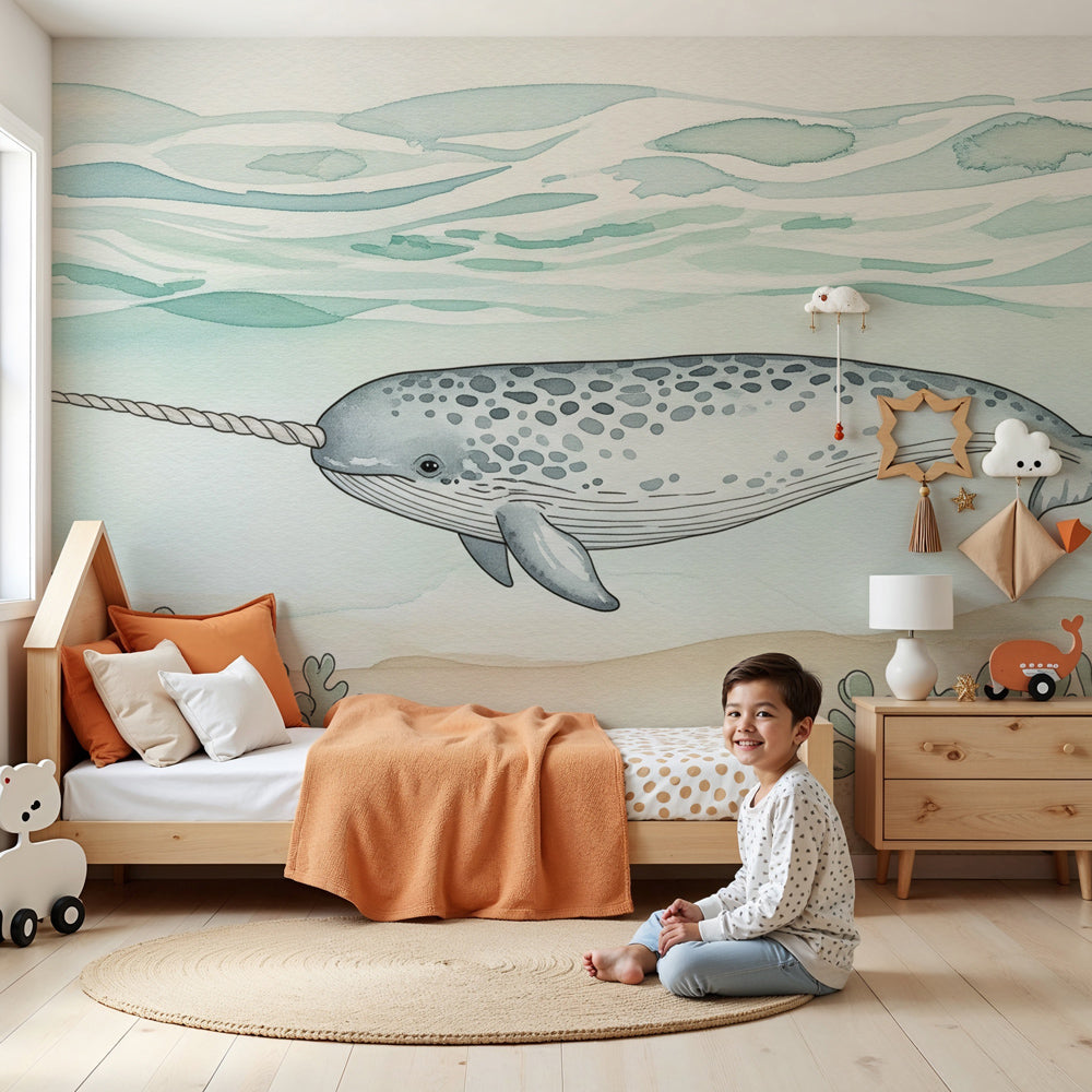 Narwhal mural wallpaper creating serene ocean atmosphere in modern kids nursery by Kids-Mundo
