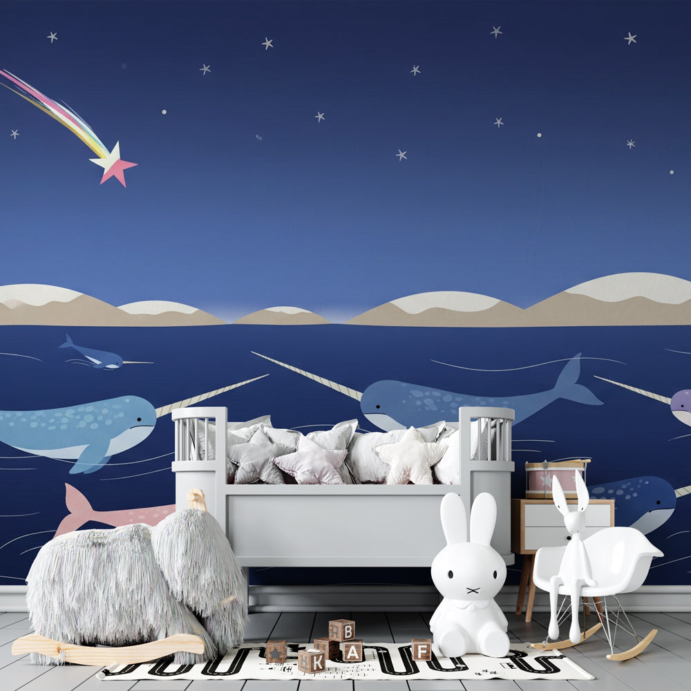 Ocean themed narwhal wallpaper for kids playroom featuring mystical marine creatures under stars