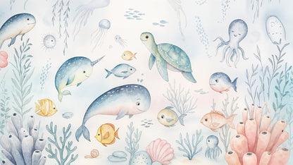 Kids-Mundo flat artwork preview of the watercolour narwhal and ocean animals wall mural design