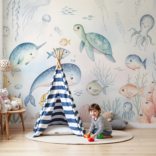 Kids-Mundo watercolour ocean wall mural with narwhals and a sea turtle in a pastel blue baby nursery