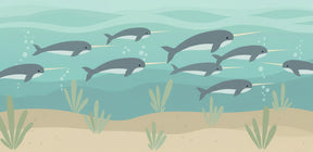 Detailed narwhal ocean mural wallpaper design pattern showing swimming narwhals and sea grass by Kids-Mundo