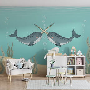 Playful narwhal mural wallpaper transforming children's bedroom into underwater adventure space