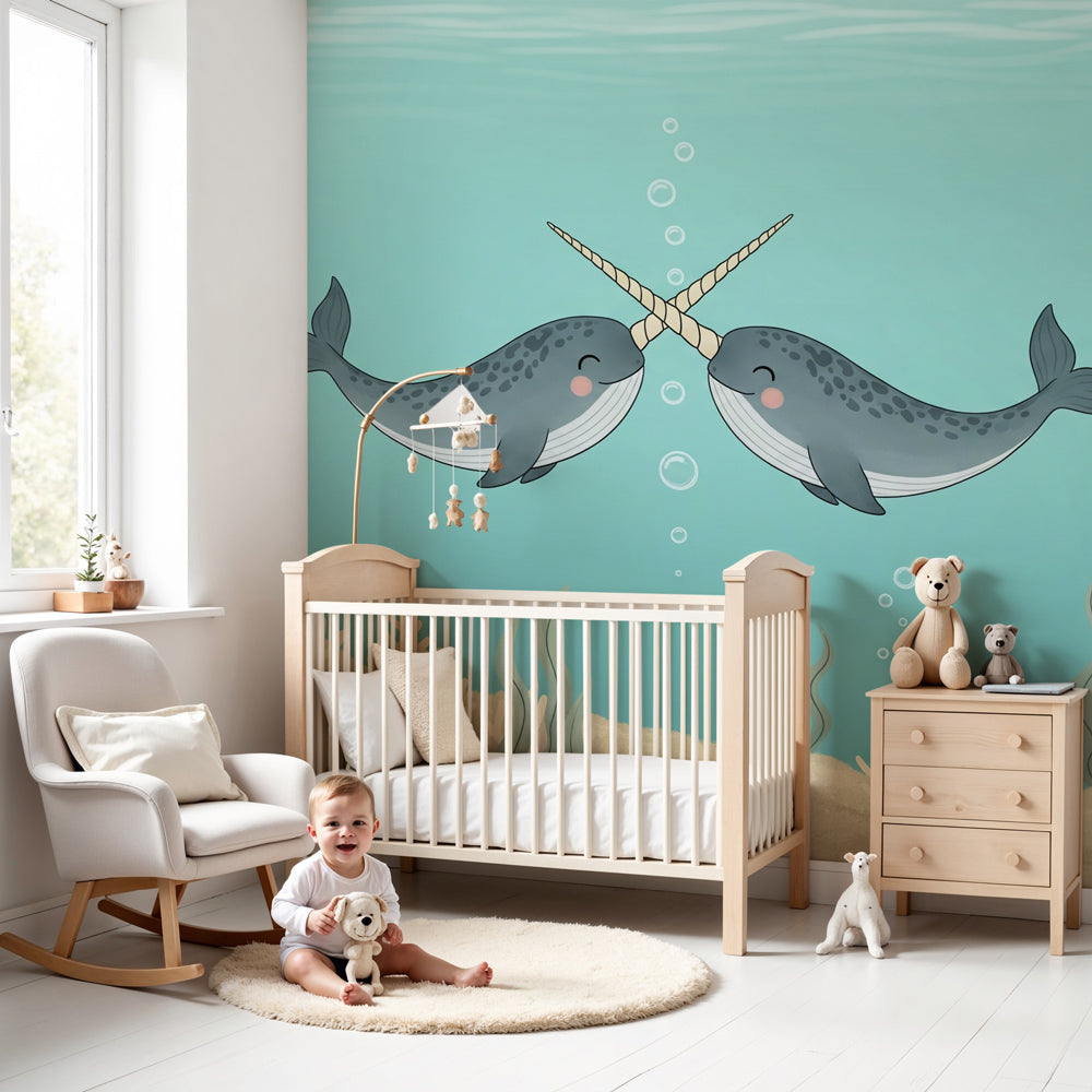 Narwhal ocean mural wallpaper creating magical underwater nursery decor by Kids-Mundo
