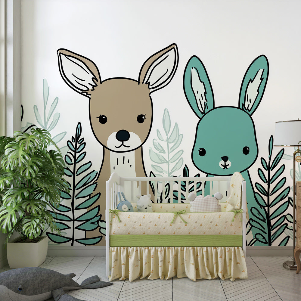 Soft greenery and woodland creatures mural wallpaper for kids room interior design