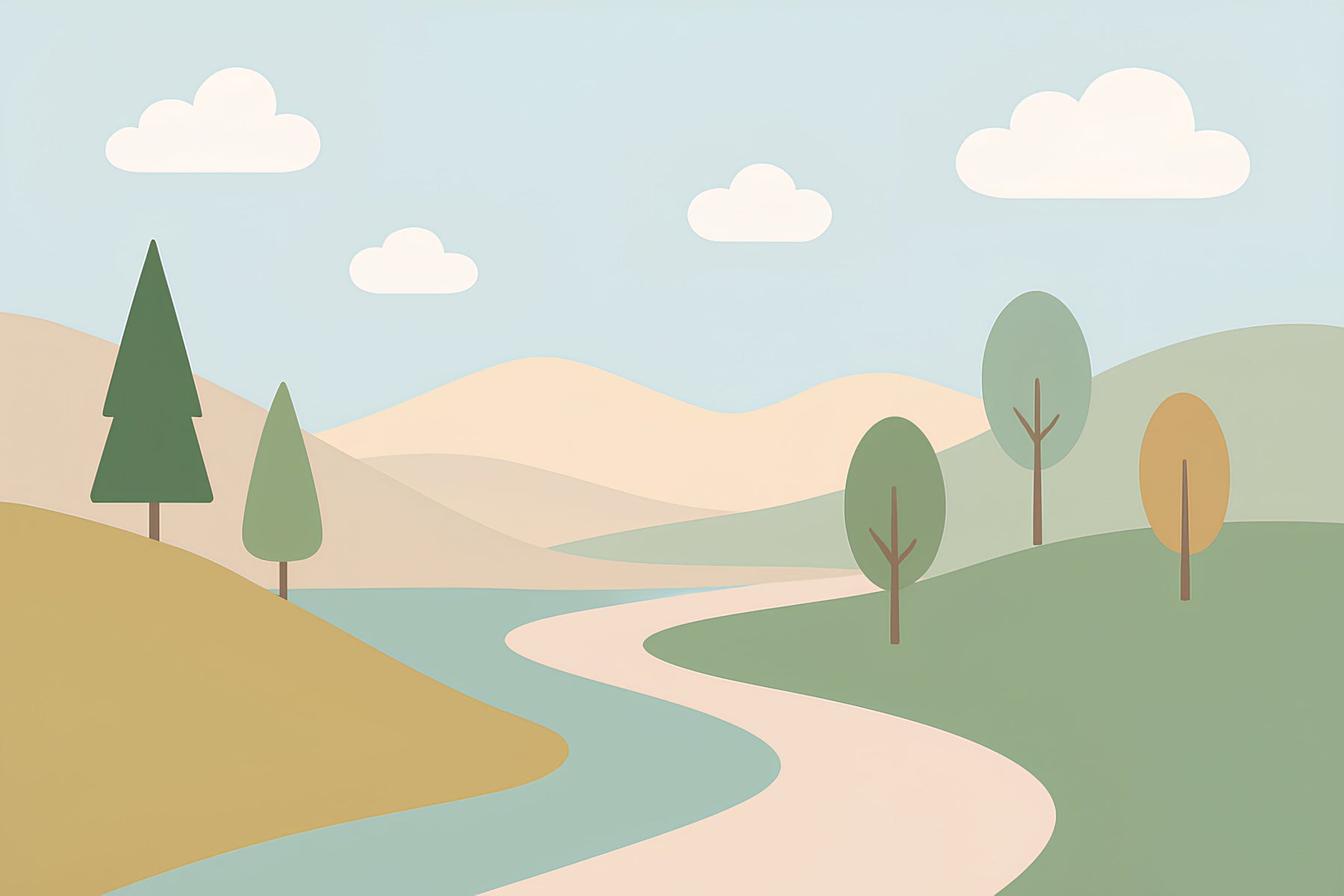 Detailed nature landscape mural wallpaper design pattern with hills and trees by Kids-Mundo