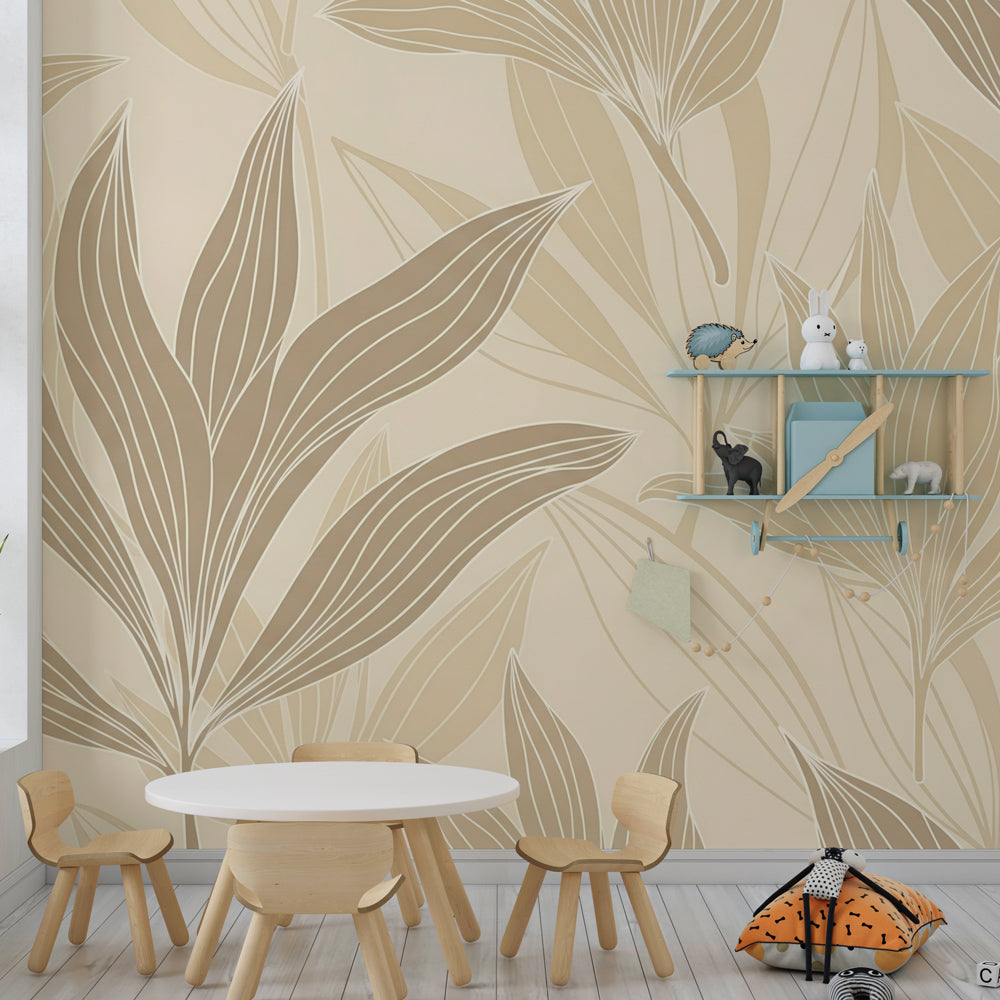 Nature-inspired mural wallpaper with stylized leaves creating peaceful kids room environment by Kids-Mundo