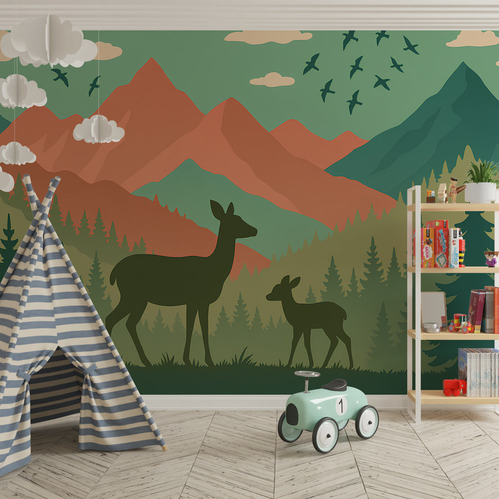 Nature-themed mural wallpaper with forest animals decorating modern kids playroom by Kids-Mundo