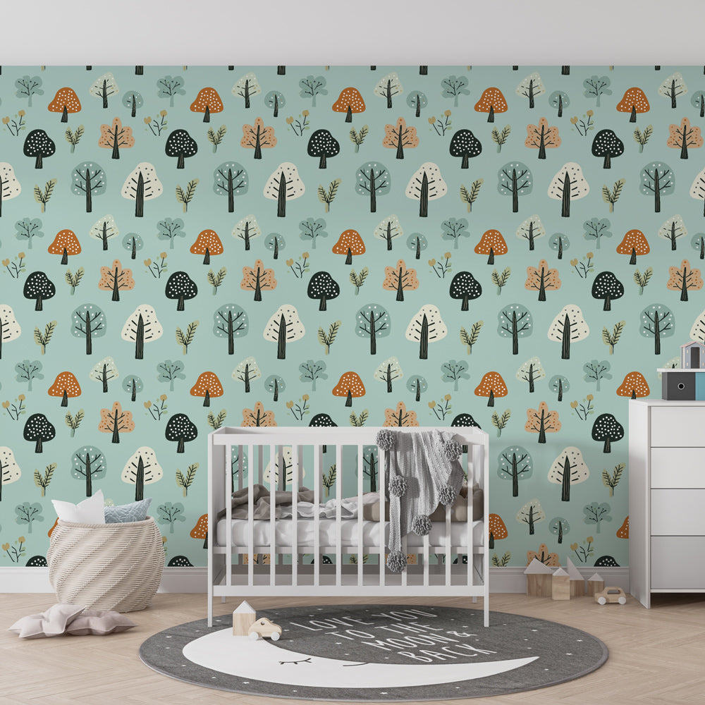 Whimsical forest and mushroom mural wallpaper installed in bright kids playroom space