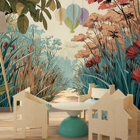 Botanical garden mural wallpaper creating peaceful kids bedroom with wooden furniture and soft lighting