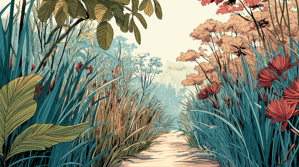 Detailed botanical nature path mural wallpaper design pattern with lush foliage by Kids-Mundo