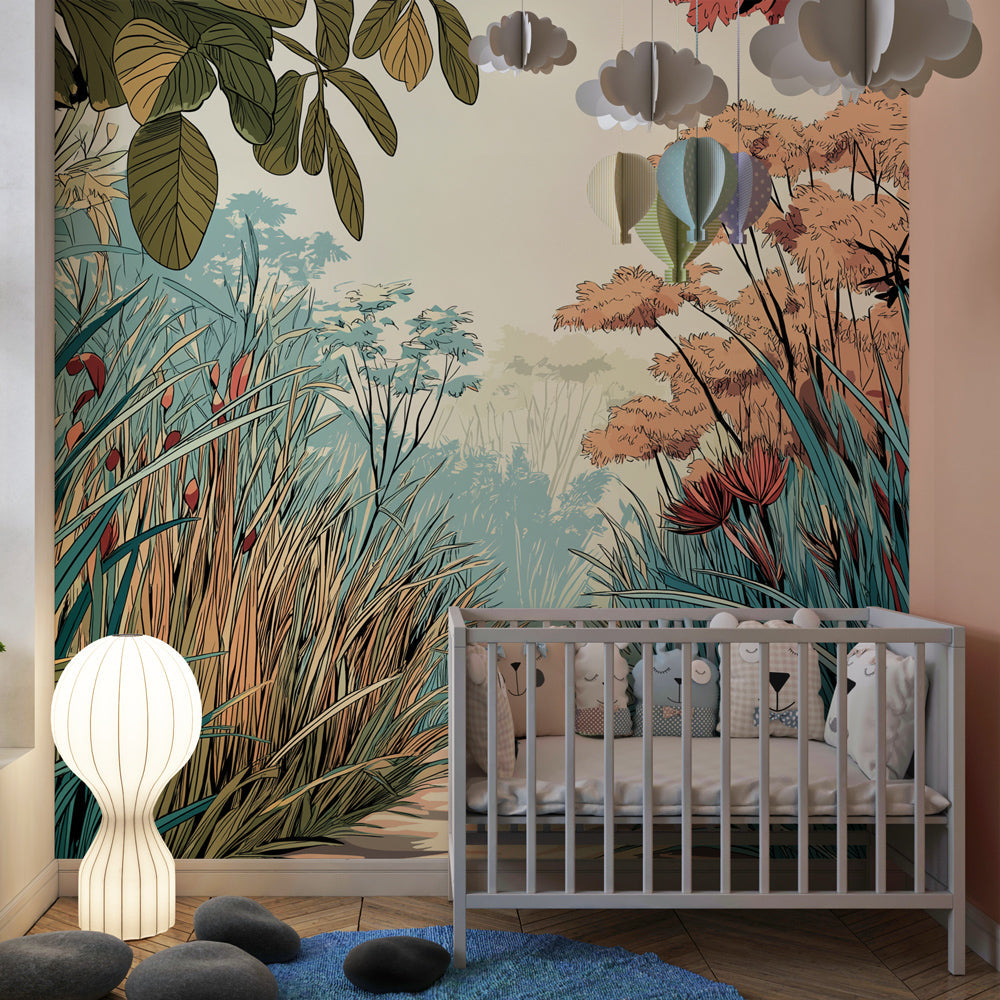 Nature trail wallpaper in colorful children's playroom encouraging imagination and outdoor adventure themes