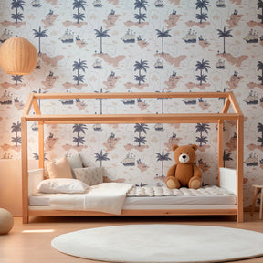 Maritime themed mural wallpaper transforming children's playroom into ocean adventure space