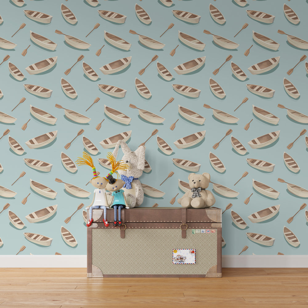 Blue maritime boats wallpaper transforming children's bedroom into peaceful ocean theme