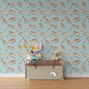 Blue maritime boats wallpaper transforming children's bedroom into peaceful ocean theme