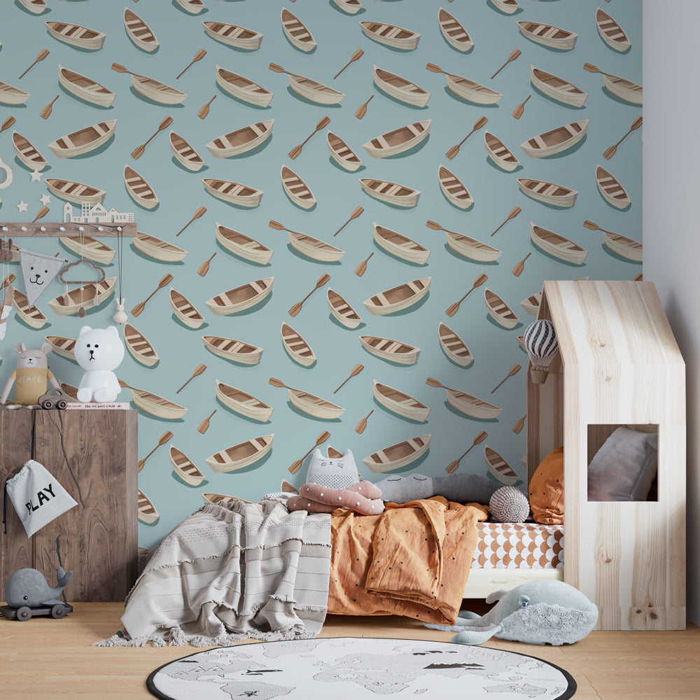 Maritime themed mural wallpaper for kids playroom with boats and oars design