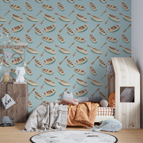 Maritime themed mural wallpaper for kids playroom with boats and oars design
