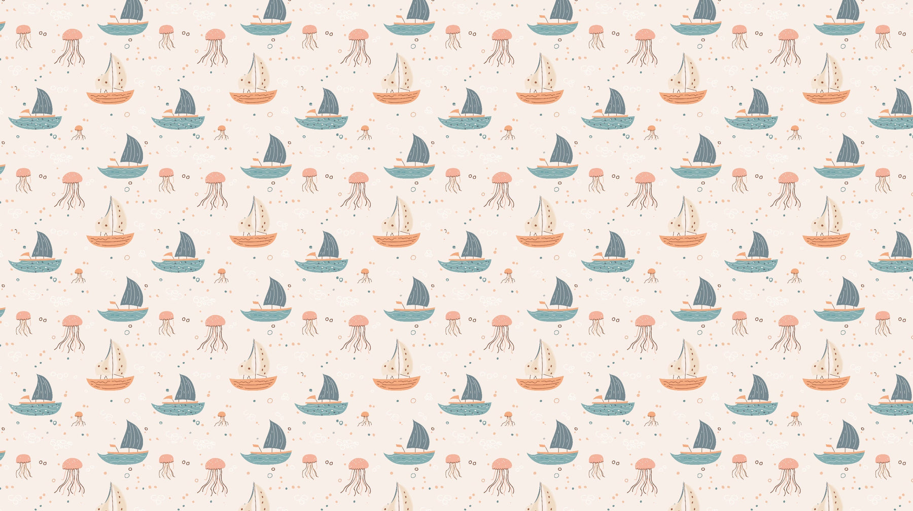 Detailed sailboat and jellyfish mural wallpaper design pattern with pastel ocean theme by Kids-Mundo