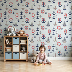 Nautical mural wallpaper with boats and anchors in modern kids bedroom by Kids-Mundo