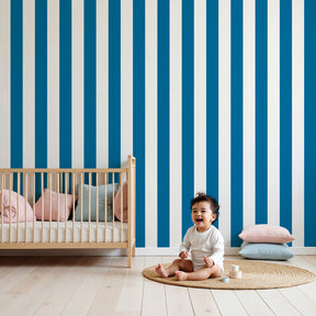 Navy blue striped mural wallpaper in elegant nursery setting by Kids-Mundo