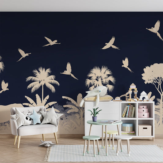 Kids-Mundo safari silhouette wall mural featuring palm trees and birds in a child's bedroom