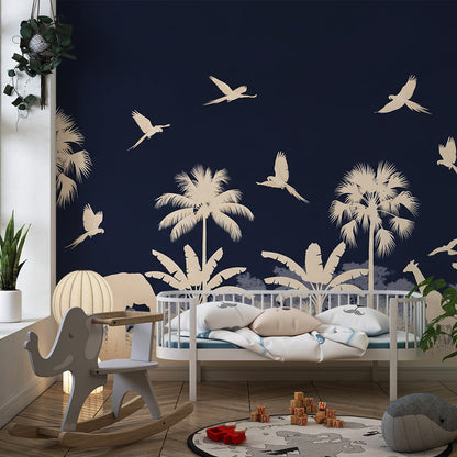 Kids-Mundo navy safari mural bringing elephant and giraffe silhouettes to a bright playroom wall