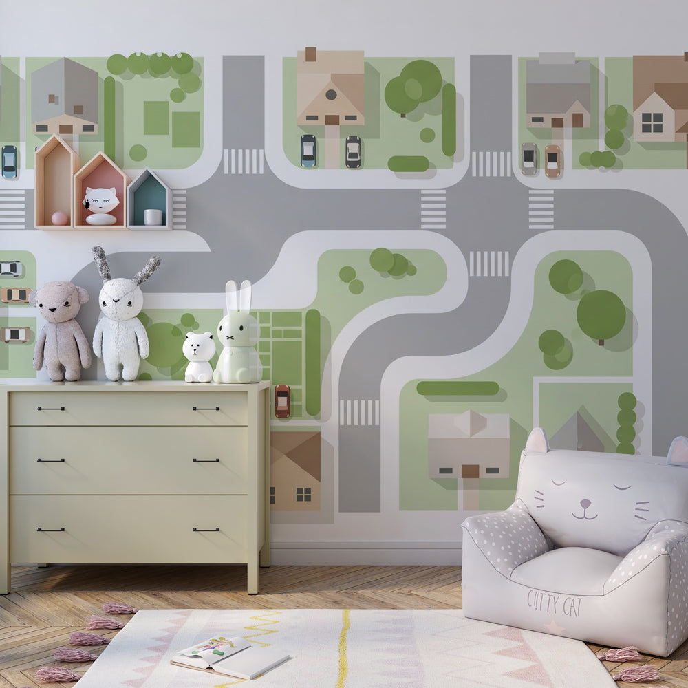 Community houses mural wallpaper transforming children's playroom into village scene