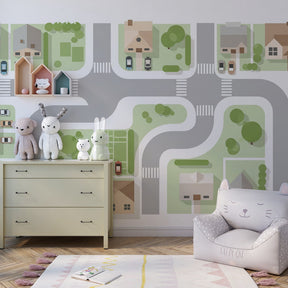 Community houses mural wallpaper transforming children's playroom into village scene