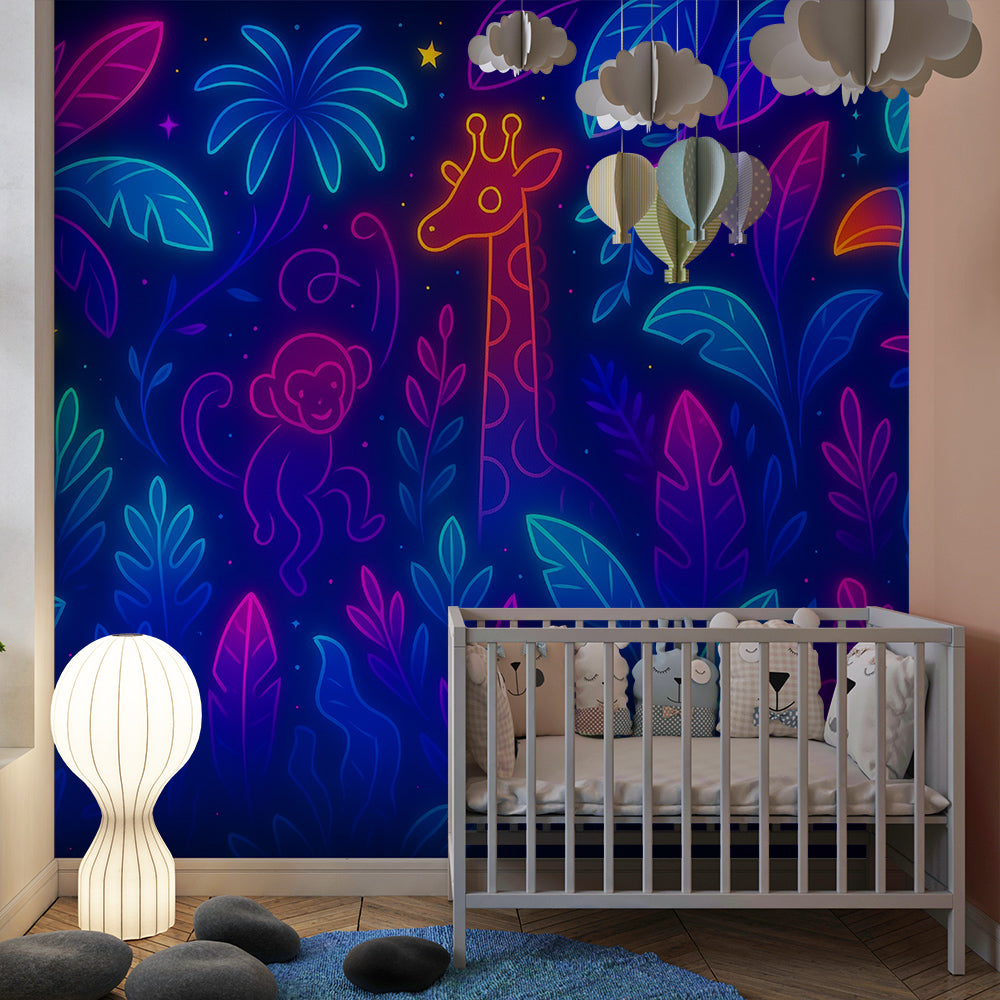 Kids-Mundo neon jungle wall mural in a kids' bedroom, bright pink and blue animal outlines on the wall.
