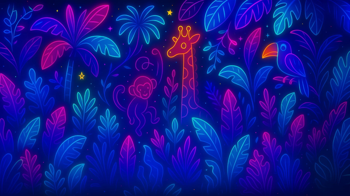 Kids-Mundo flat artwork of a neon monkey, giraffe and toucan glowing against a dark jungle background.