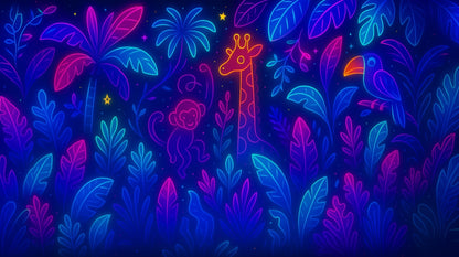 Kids-Mundo flat artwork of a neon monkey, giraffe and toucan glowing against a dark jungle background.